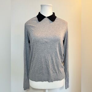 Tara Jarmon Paris Grey Knit Sweater Black Collar Long Sleeve Minimalist Size L